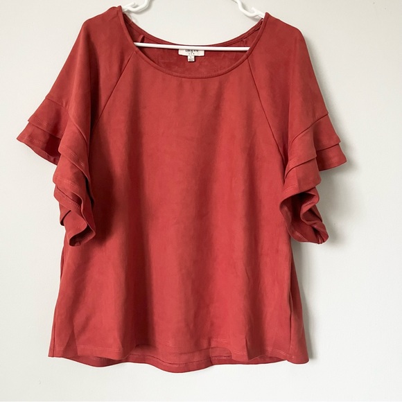 Umgee Suede-like Ruffle Sleeve Rust Wide Cropped Blouse Large - Picture 2 of 7